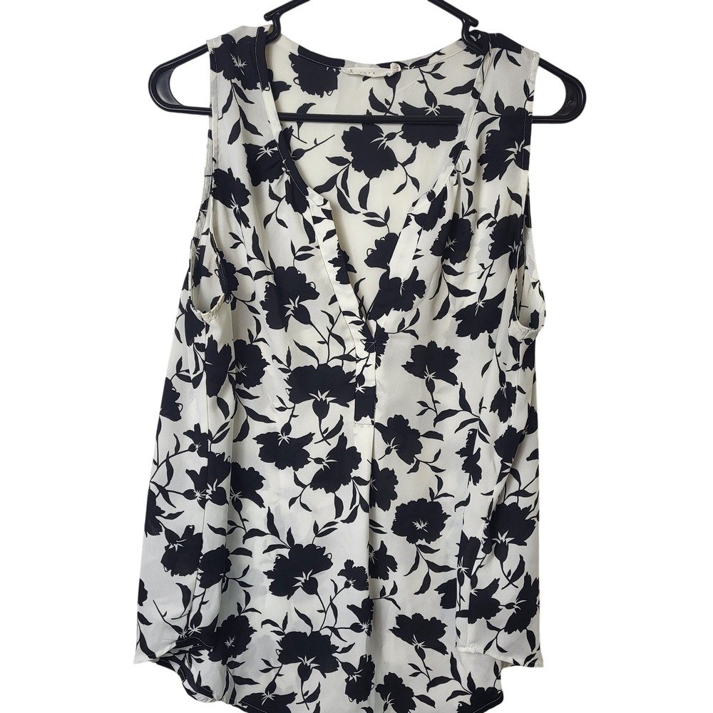 Lush Womens XL Sleeveless Blouse White Black Floral V Neck Lightweight Top